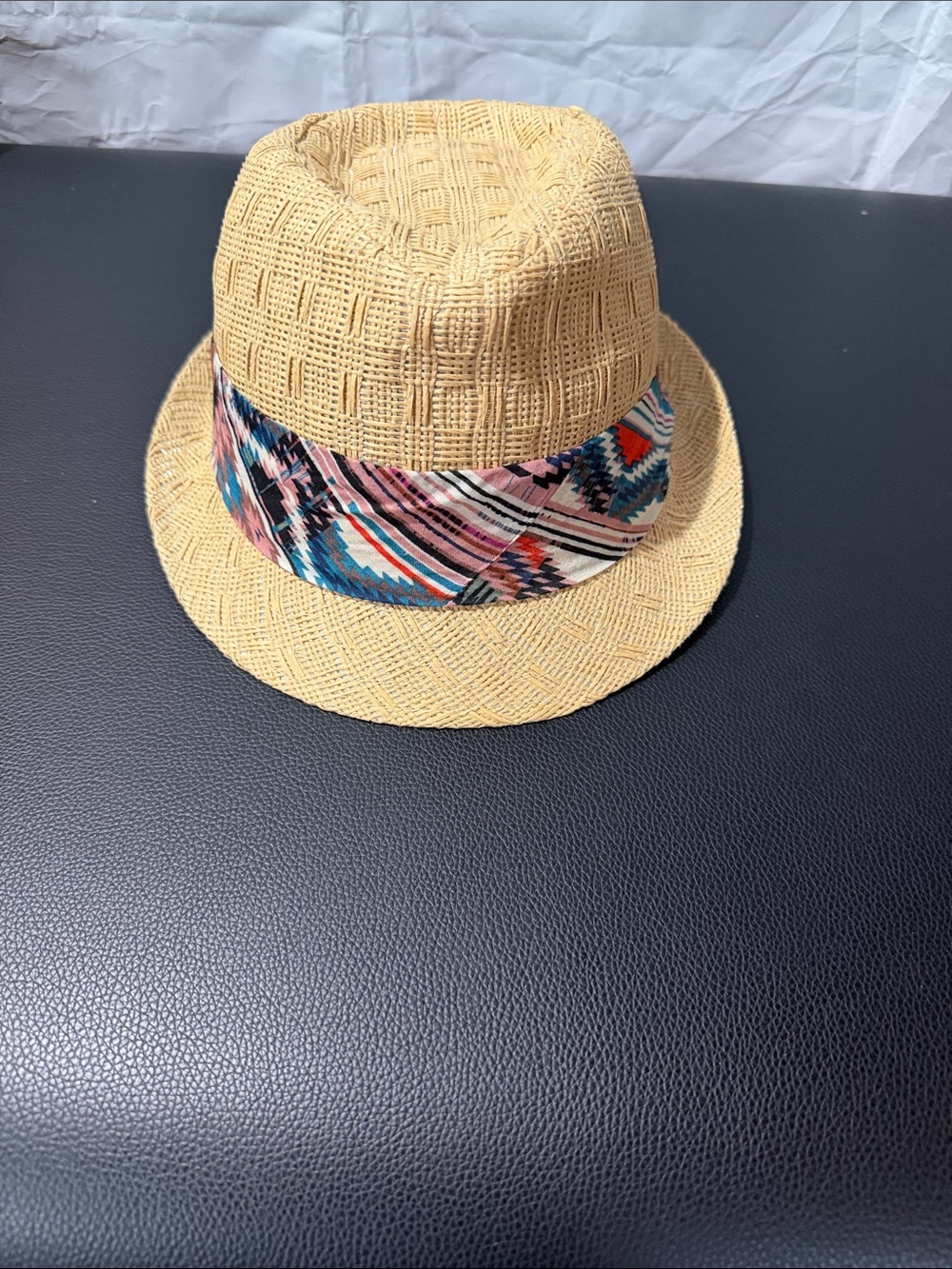 Straw Fedora with Colorful Aztec Band